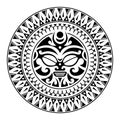 Round tattoo ornament with sun face maori style. African, aztecs or mayan ethnic mask.