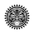 Round tattoo ornament with sun face maori style. African, aztecs or mayan ethnic mask. Royalty Free Stock Photo
