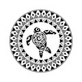 Round tattoo ornament with turtle maori style. African, aztecs or mayan ethnic style.