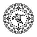 Round tattoo ornament with turtle maori style. African, aztecs or mayan ethnic style.