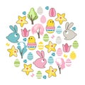 Round template with festive Easter elements. Circle with cute childish ornament. Pretty illustration can be used as spring design