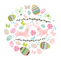 Round template with festive Easter elements, rabbits and eggs. Circle with cute childish ornament. Pretty illustration can be used