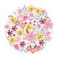 Round template with festive romantic floral elements. Circle with cute childish ornament. Pretty illustration can be used as