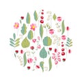 Round template with floral elements, berries and leaves. Circle with cute childish ornament. Pretty illustration can be used as