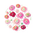 Round template with fresh red and pink ranunculus. Circle with pink and red flowers. Pretty illustration can be used as spring or