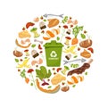 Round template Organic waste theme. Collection of fruits and vegetables. Illustration for home food processing and compost,
