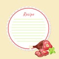 Template for writing a recipe. Culinary recipe design featuring veal bottom right. Flat image