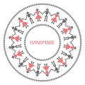 Round text frame with romanian traditional folk dance with women and men-cross stich design