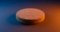 A round, textured cork coaster is placed against a gradient background transitioning Royalty Free Stock Photo