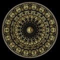 Round textured gold 3d greek mandala pattern. Vector arabesque black and gold background. Grunge vintage flowers