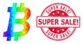 Round Textured Super Sale! Seal Imprint With Vector Triangle Filled Bitcoin Icon with Rainbow Gradient