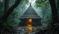 Round thatched hut sits in dense green forest. Muddy ground surrounds the primitive dwelling with visible entrance. Overgrown Royalty Free Stock Photo