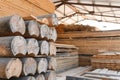 Round timber logs for building wooden house. Removing bark from logs using a machine. Pattern of logs. Woodworking