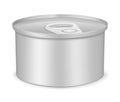 Round tin can with pull tab lid, realistic vector mockup. Canned food metal package, mock-up. Blank aluminum cylinder container Royalty Free Stock Photo