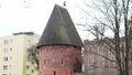 Round tower in the historic surrounding city wall of Slupsk, Poland. Witches tower - Baszta Czarownic. Sights of Poland