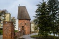 Round tower in the historic surrounding city wall of Slupsk, Poland. Witches tower - Baszta Czarownic. Sights of Poland