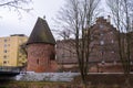 Round tower in the historic surrounding city wall of Slupsk, Poland. Witches tower - Baszta Czarownic. Sights of Poland