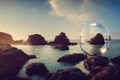 Round transparent clean realistic water bubbles on the sea environment concept