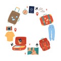 Round Travel frame with Travel Object Icons. Packing suitcase, Things necessary on trip isolated on white background