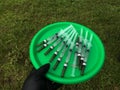 Round tray with syringes