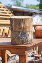 Round tree stumps on woodwork background Royalty Free Stock Photo