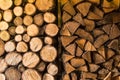 Round and triangular cutted or chopped firewood, folded in stacks in the storage, ready to use in fire, fireplace or campfire. Tex