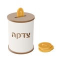 Round Tzedakah box vector illustration. Side view donation box with coin slot and falling golden money. Royalty Free Stock Photo