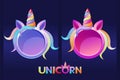 Round unicorn frames, cartoon blank avatars for graphic design.