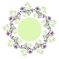 Round vector floral frame. Outline hand-drawn purple flowers collected in a bouquet, in the center place for text