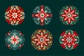 Round Vector Folk Art Ethnic Flower Star Christmas Ornament Set. Intricate Scandinavian Star Folk Print Royalty Free Stock Photo