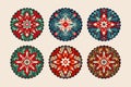 Round Vector Folk Art Ethnic Flower Star Christmas Ornament Set. Intricate Scandinavian Star Folk Print Royalty Free Stock Photo