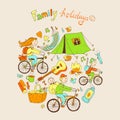 Round vector illustration with friendly family and camping equip