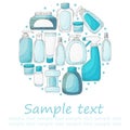 Round vector set of elements. Set of bathroom elements in hand draw style. Collection of packages, tubes. Antiseptic