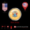Round Chrome Vector Badge with New Jersey US State Flag. Pennant Flag of USA. Map Pointer - USA. Map Navigation Icons Royalty Free Stock Photo