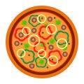 Round vegetarian pizza with green and red pepper in flat style. vector illustration of pizza isolated on white Royalty Free Stock Photo