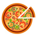 Round vegetarian pizza with green and red pepper in flat style. vector illustration of sliced pizza isolated on white Royalty Free Stock Photo