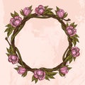 Round vintage frame made of branches with lush flowers. Decorative element for design work in the boho style Royalty Free Stock Photo