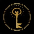 Round vintage icon with golden medieval key on black background. Vector flat illustration in boho design.