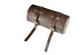 Round vintage leather tool Bag with isolated on white background, pannier or luggage Royalty Free Stock Photo