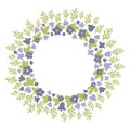 Round violet, green and blue spring floral vector wreath with bells and forget-me-nots