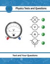 Round voltmeter with metal frame. Voltmeter and icons electrical scheme. Physical test. Find the right answer. Simple e schema