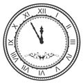 Round watch dial at five minutes to midnight. New Year Eve roman numerals