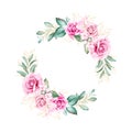 Round watercolor floral wreath. Botanic decoration illustration of peach roses and blue flowers, leaves, branches. Botanic