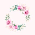 Round watercolor floral wreath. Botanic decoration illustration of peach roses and blue flowers, leaves, branches. Botanic