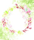 A round watercolor frame, a postcard, a wreath of flowers, twigs, plants, berries. Vintage illustration. Use in different designs Royalty Free Stock Photo