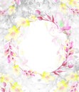 A round watercolor frame, a postcard, a wreath of flowers, twigs, plants, berries. Vintage illustration. Use in different designs Royalty Free Stock Photo