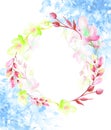 A round watercolor frame, a postcard, a wreath of flowers, twigs, plants, berries. Vintage illustration. Use in different designs Royalty Free Stock Photo