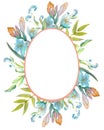 Round watercolor hand drawn flower frame in the shape of an egg, Delicate spring Easter elements, decor, Easter card