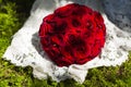 Round wedding bouquet of red or crimson roses on lace wedding dress Royalty Free Stock Photo