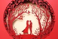 Round wedding composition in beautiful paper cut style design. Stylish abstract red background with marred couple in love.
